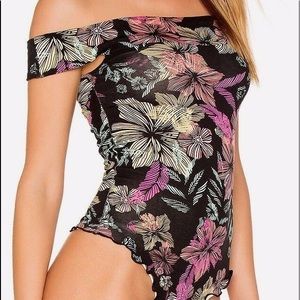 FREE PEOPLE Off the Shoulder Bodysuit Neon Hawaiian Scalloped Edge